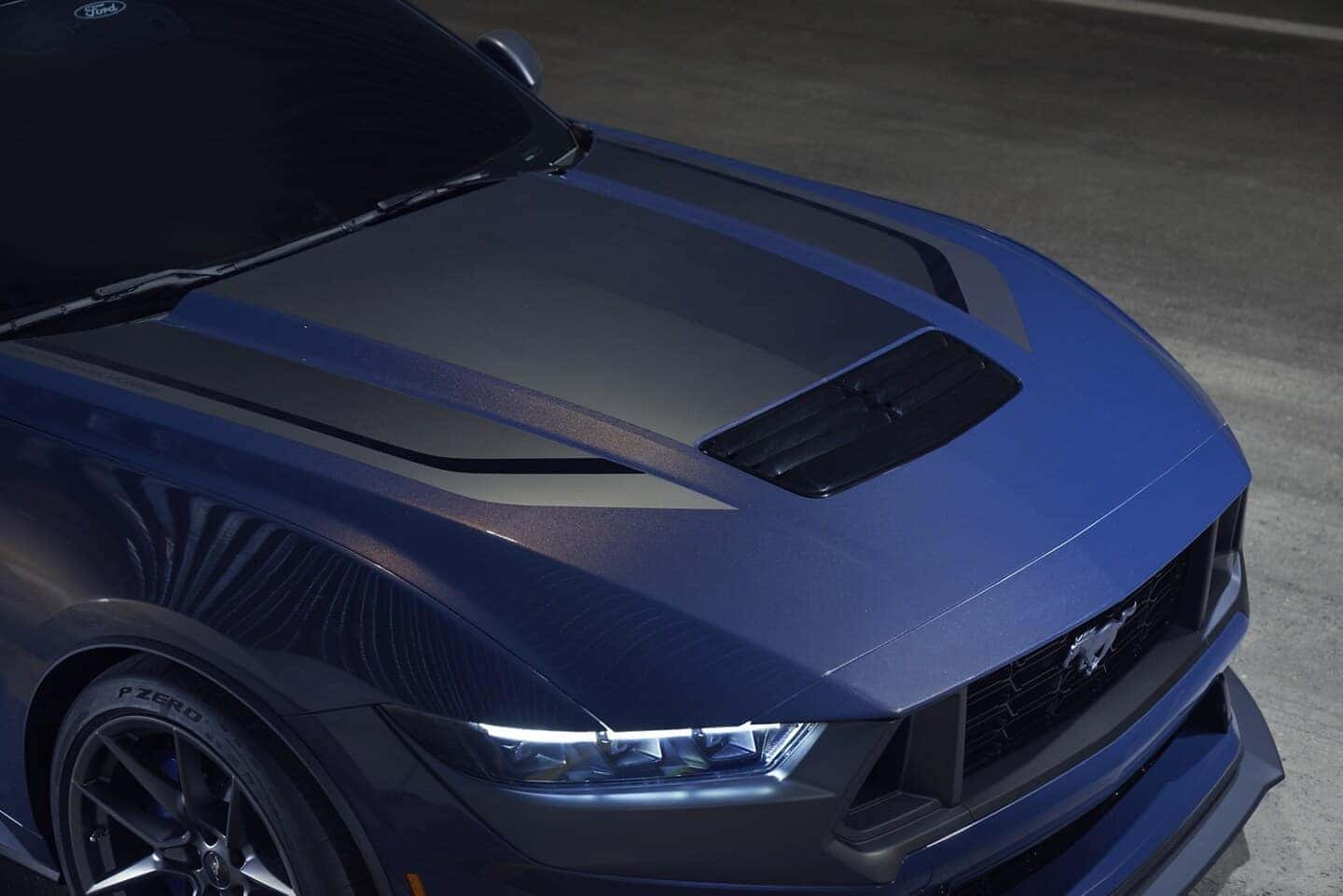 2024 Ford Mustang Dark Horse coupe hood in available Blue Ember Metallic | Best Ford Dealer | in Nashua NH 