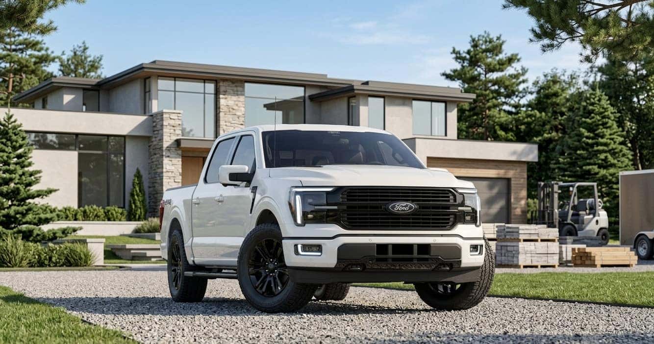 A white 2026 Ford F-150 parked at a construction site