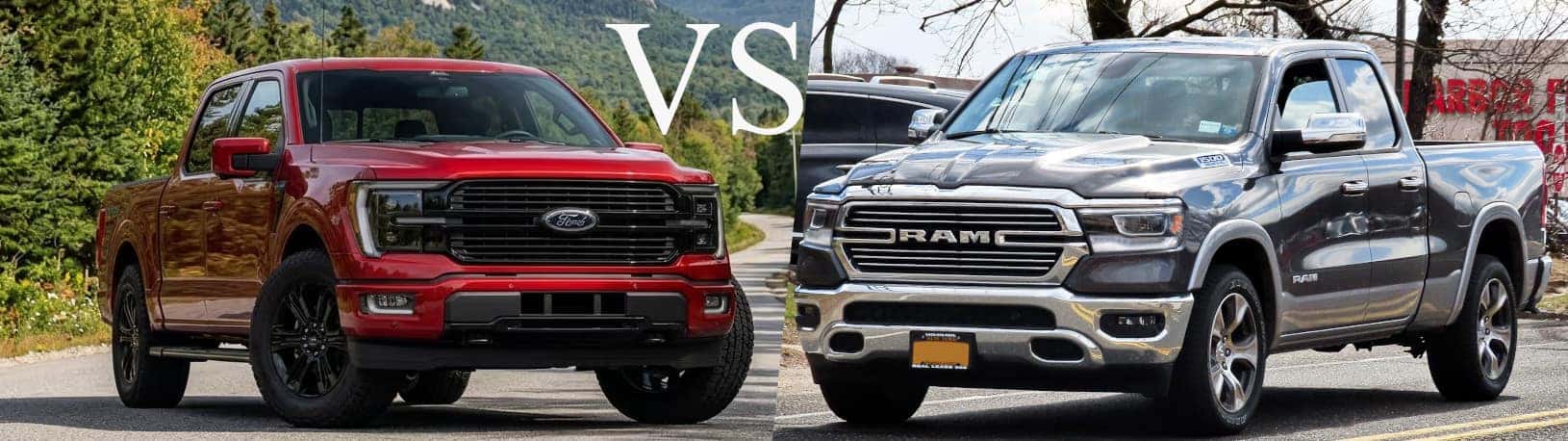 A red 2026 Ford F-150 compared to the Ram 1500
