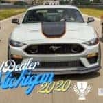 Ford Mustangs lined up on road