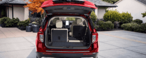 2022 Ford Explorer outside with the trunk open and seats down showing available cargo space