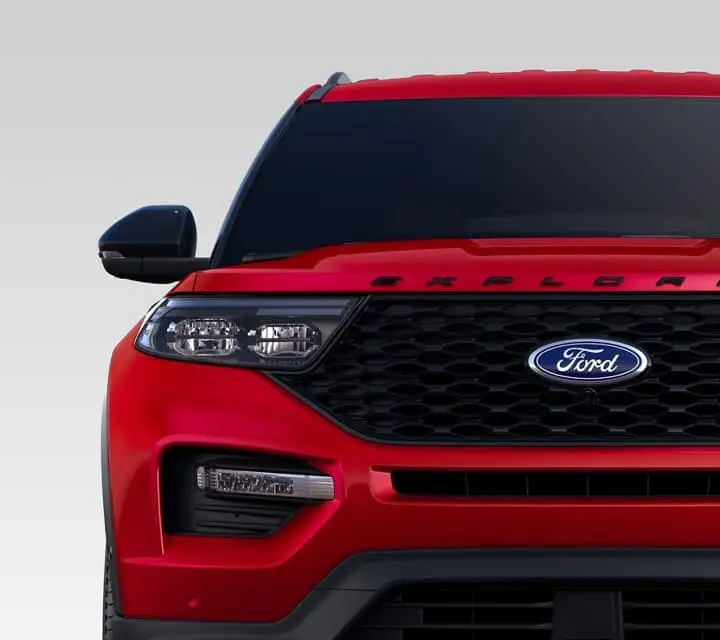 Front grill of Red Ford Explorer. 