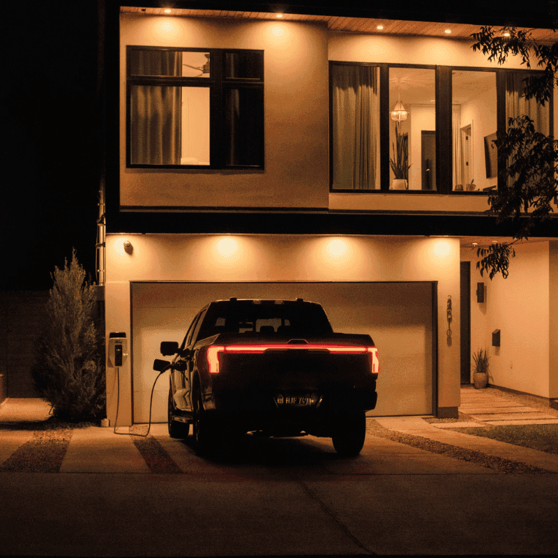 Ford F-150® Lightning® parked and charging in front of a modern luxury home at night