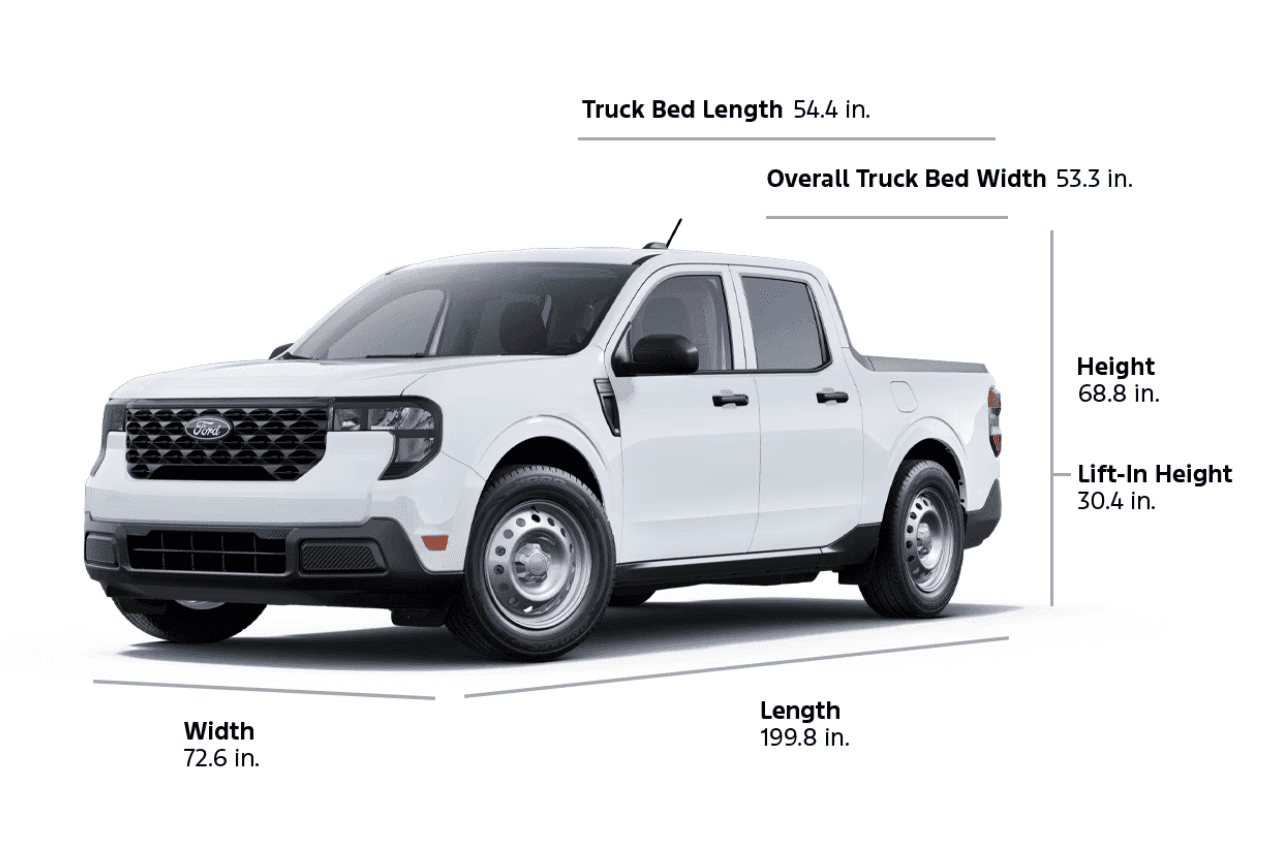 A 2025 Ford Maverick® XL, length 199.8-inch, width 72.6-inch, height 68.8-inch, lift-in height 30.4-inch, bed length 54.4-inch, bed width 53.3-inch