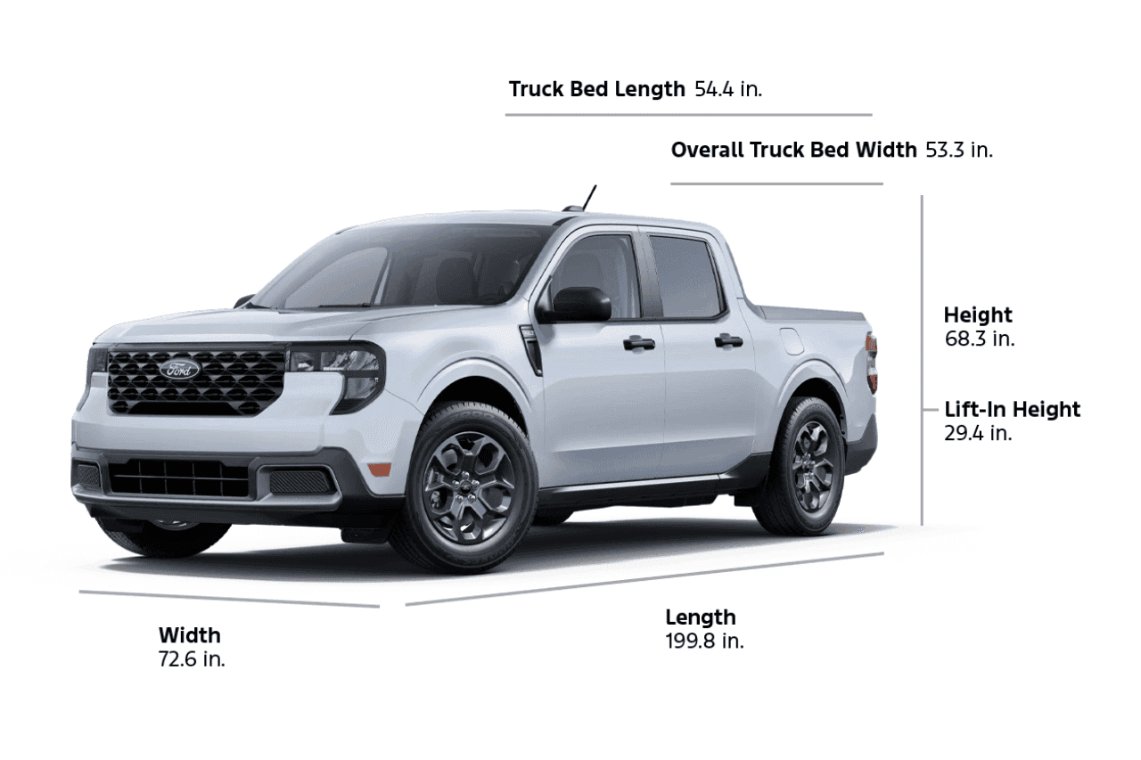 A 2025 Ford Maverick® XLT, length 199.8-inch, width 72.6-inch, height 68.8-inch, lift-in height 29.4-inch, bed length 54.4-inch, bed width 53.3-inch
