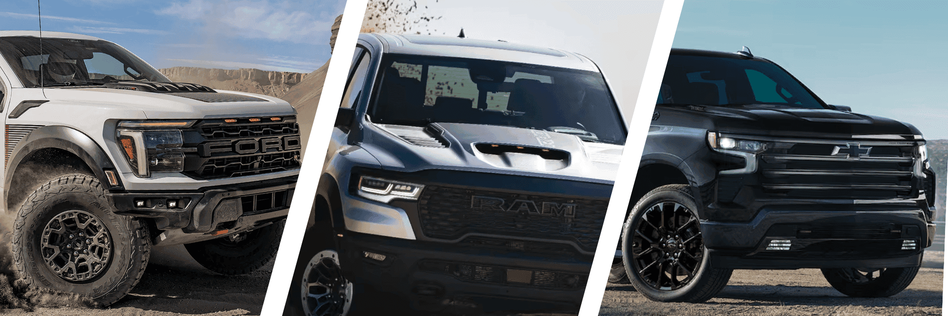 2025 Ford F-150, Chevrolet Silverado 1500, and Ram 1500 pickup trucks side by side for visual comparison.