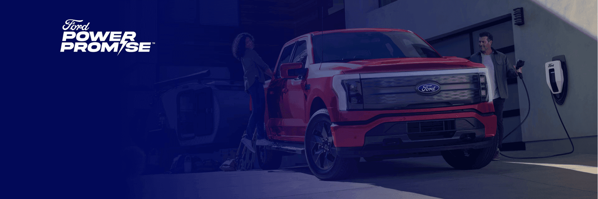 Ford Power Promise logo on a blue transparent overlay of a Ford F-150® Lightning® truck