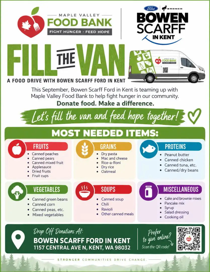 Fill the Van flyer with full wish list, drop-off address, and QR code
