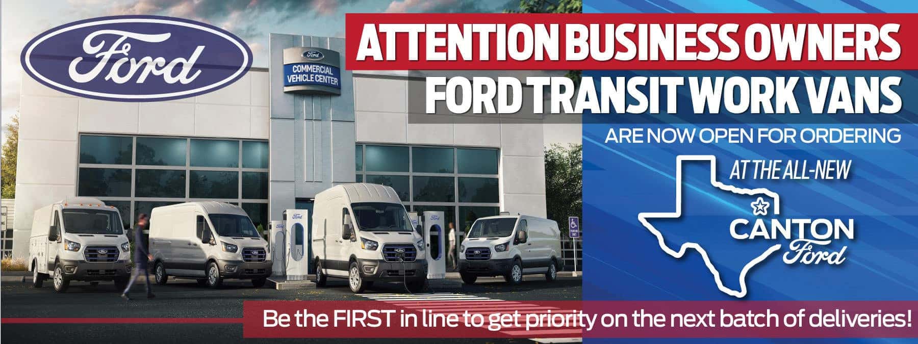 Attention business owners! Ford Transit Work Vans are now open for ordering at the all new Canton Ford! Be the first in line to get priority on the next batch of deliveries!