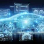 Blue, glowing outlines of a vehicle and different vehicle parts in boxes around it, in front of a city