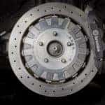 Close up of a Brembo brake rotor and caliper for a Ford GT350