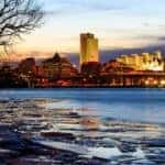 The skyline of Albany, NY during dusk.