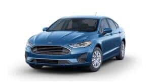 A blue 2020 Ford Fusion S is angled left.
