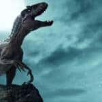 Raptor dinosaur standing on a cliff, yelling to the night sky
