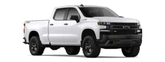 A white 2020 Chevy Silverado 1500 Z71 Trailboss is angled right.