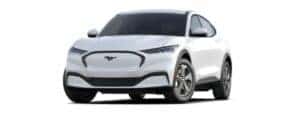A white 2021 Ford Mustang Mach-E Select is angled left.
