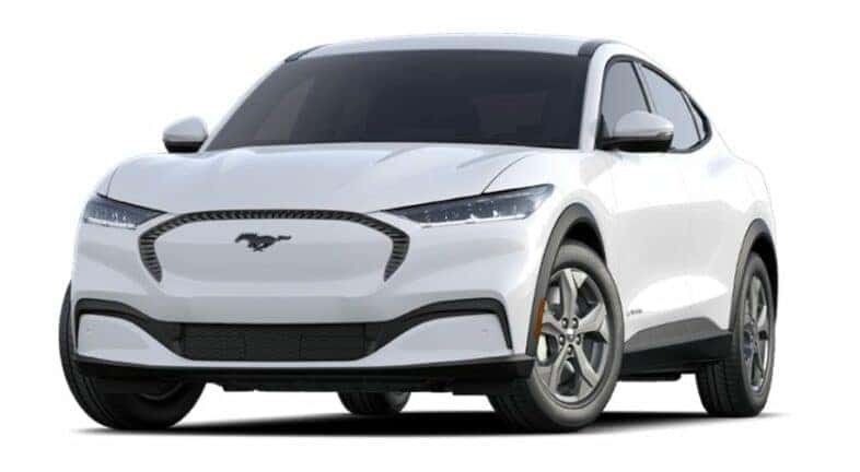 A white 2021 Ford Mustang Mach-E Select is angled left.