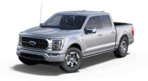 A silver 2021 Ford F-150 Platinum is angled left.