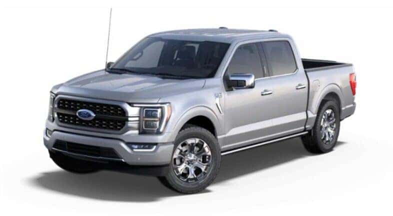 A silver 2021 Ford F-150 Platinum is angled left.