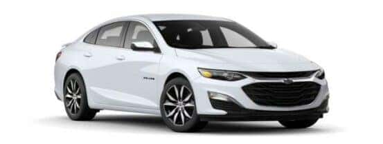 A white 2020 Chevy Malibu RS is angled right.