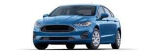 A blue 2020 Ford Fusion S is angled left.