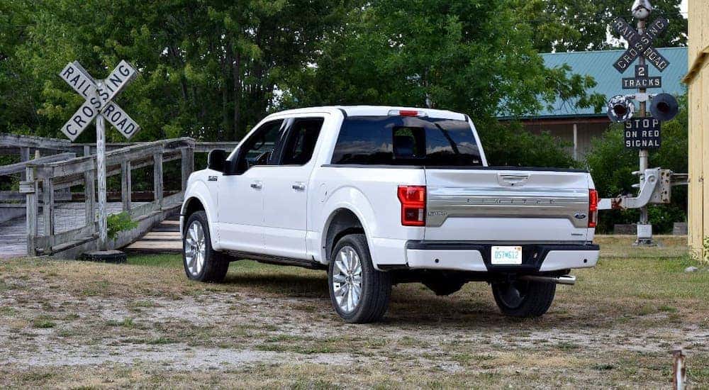 A white 2016 used Ford F-150 is shown from the rear parked in front of a railroad crossing.