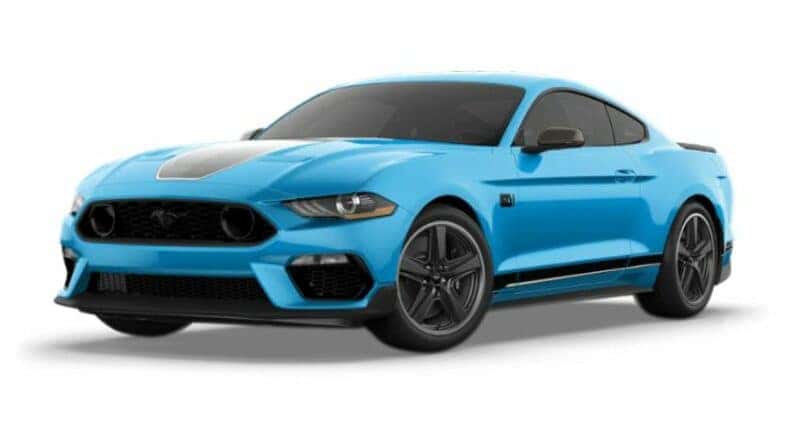 A blue 2021 Ford Mustang Mach 1 is angled left.
