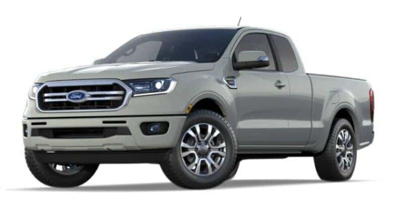 A grey 2021 Ford Ranger Lariat is angled left.