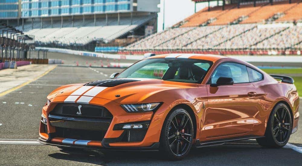 A orange 2020 Ford Mustang GT500 is parked on the race track after leaving the Ford dealership near you.
