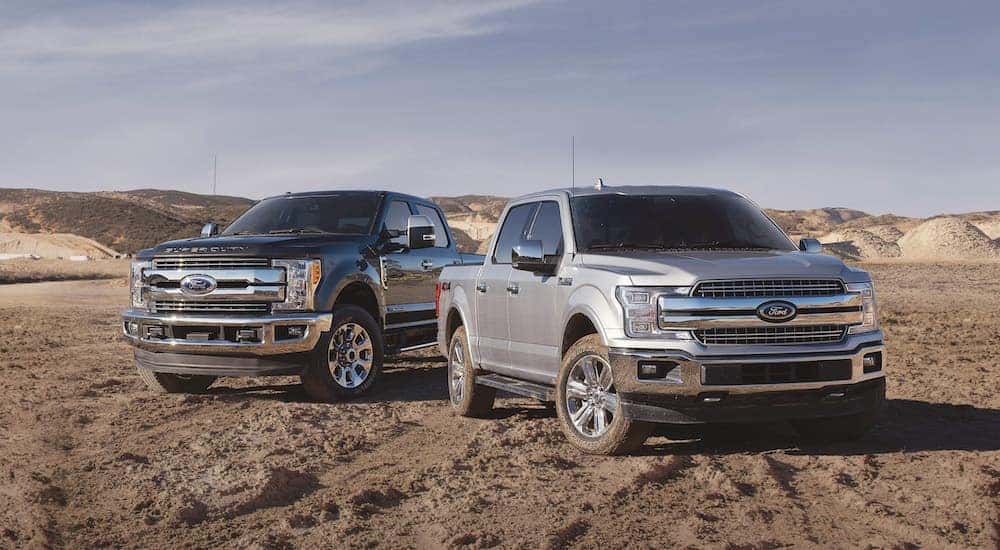A black and a silver 2018 Ford F-Series trucks are parked on dirt.