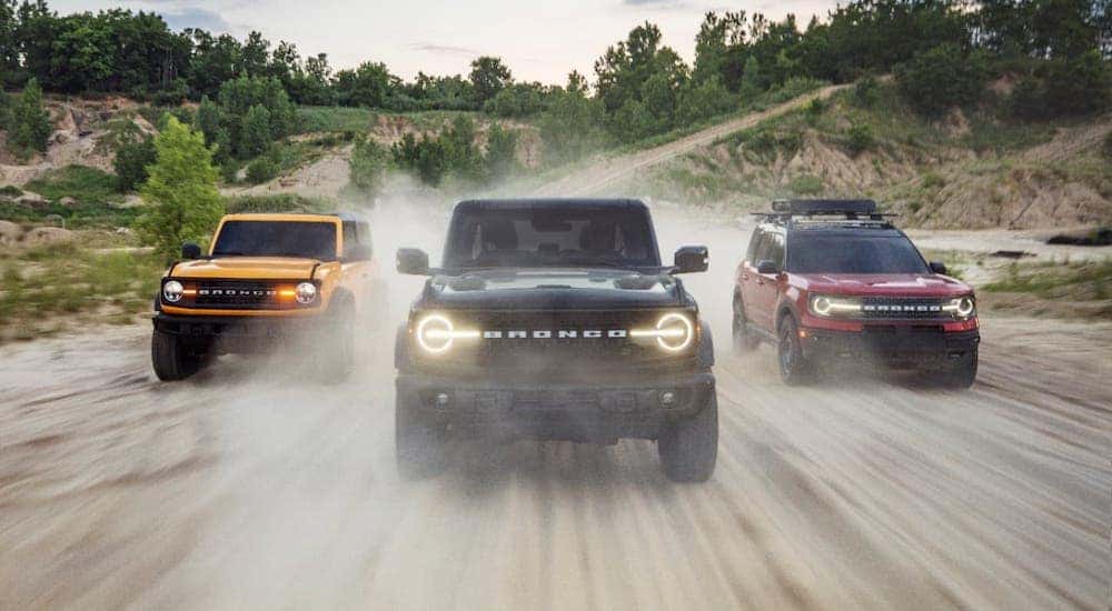 A yellow 2021 Ford Bronco, a black Bronco and a red Bronco Sport are shown from the front driving on a dirt road after leaving a NY Ford Bronco dealer.