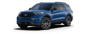 A blue 2021 Ford Explorer ST is angled left.