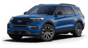 A blue 2021 Ford Explorer ST is angled left.