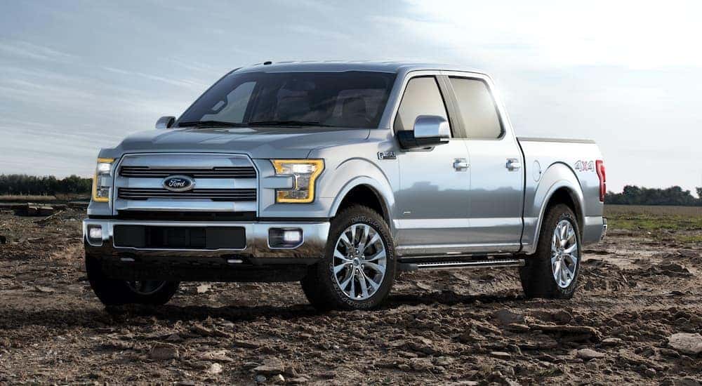 A popular certified pre-owned Ford F-150, a silver 2015 Ford F-150, is angled left parked on dirt terrain.