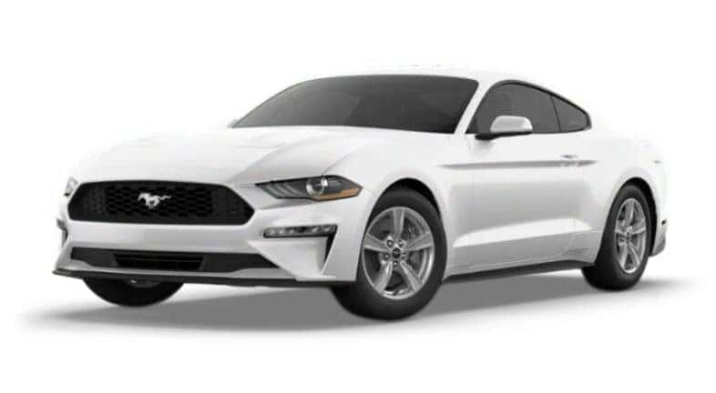 A white 2021 Ford Mustang EcoBoost is angled left.