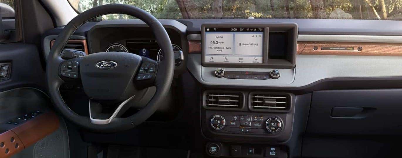 A close up shows the infotainment screen in a 2022 Ford Maverick.