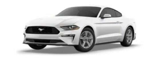 A white 2021 Ford Mustang EcoBoost is angled left.