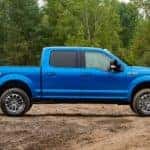 A blue 2019 Ford F-150 is shown from the side parked in a dirt field surrounded by forest.