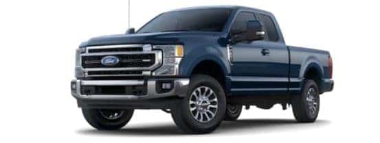A blue 2022 Ford F-250 is angled left.