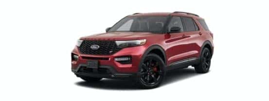 A red 2021 Ford Explorer is angled left.