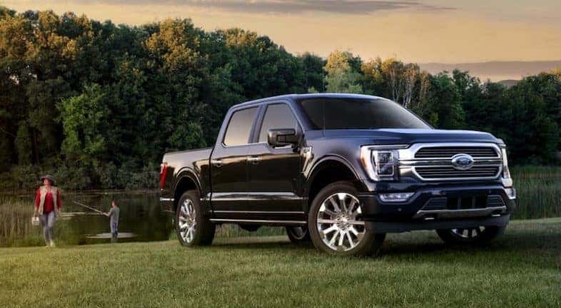 A blue 2021 Ford F-150 is shown from the front parked on a field.