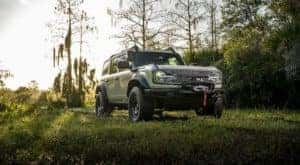 One of the most popular vehicles for 2022 Ford Bronco Sales, a green 2022 Ford Bronco Everglades, is shown parked in grass.