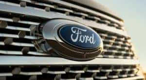 The close up of a 2021 Ford Expedition grille shows the Ford bow-tie.