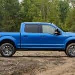 A blue 2019 Ford F-150 is shown from the side parked in front of a forest.