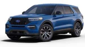A blue 2022 Ford Explorer ST is shown angled left.