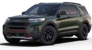 A green 2022 Ford Explorer Timberline is shown angled left.