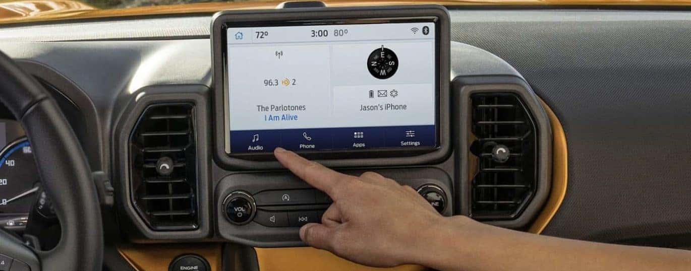 The infotainment screen in a 2022 Ford Bronco Sport is shown.