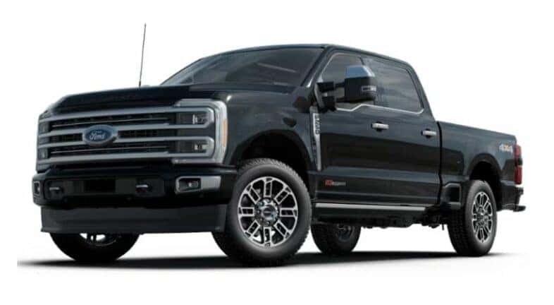 A black 2023 Ford F-250 Limited is angled left.