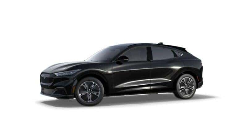 A black 2023 Ford Mustang Mach-E Premium is angled left.