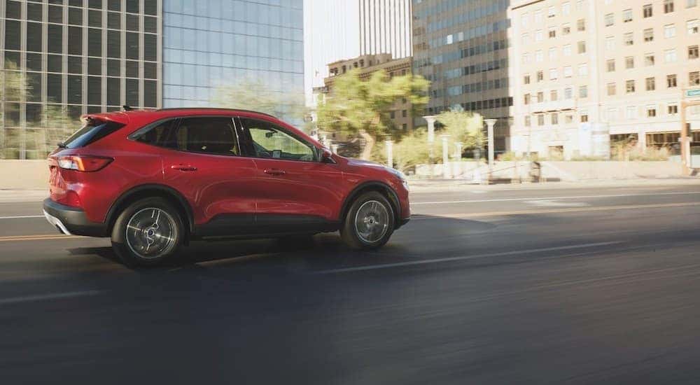 A red 2021 Ford Escape is shown from the side driving on a city street.